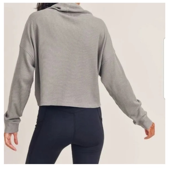 Mono B Gray Boxy Crop Cowl Neck Waffle Knit Pullover - Picture 7 of 8